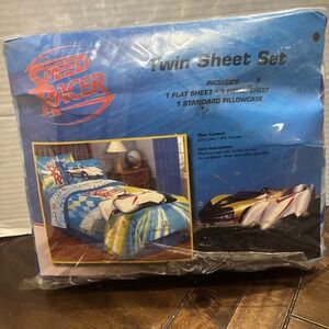 Blue Speed Racer Twin Sheet Set Racecar Bedding vintage looking NEW boys kids